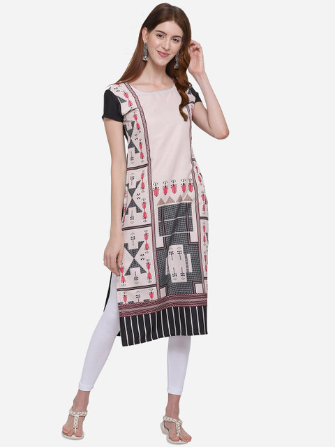 

Kvsfab Women Cream-Coloured & Black Printed Straight Kurta