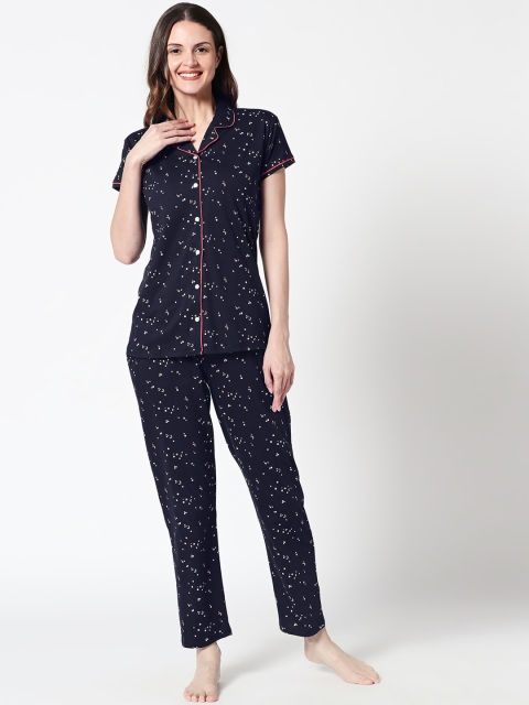 

Zeyo Women Navy Blue Printed Night suit