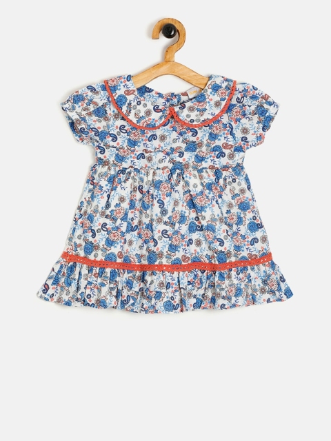 Aomi Girls White & Blue Floral Printed Fit and Flare Dress