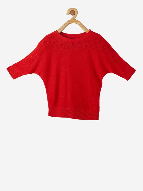 

VITAMINS Girls Red Self Design Pullover Sweater