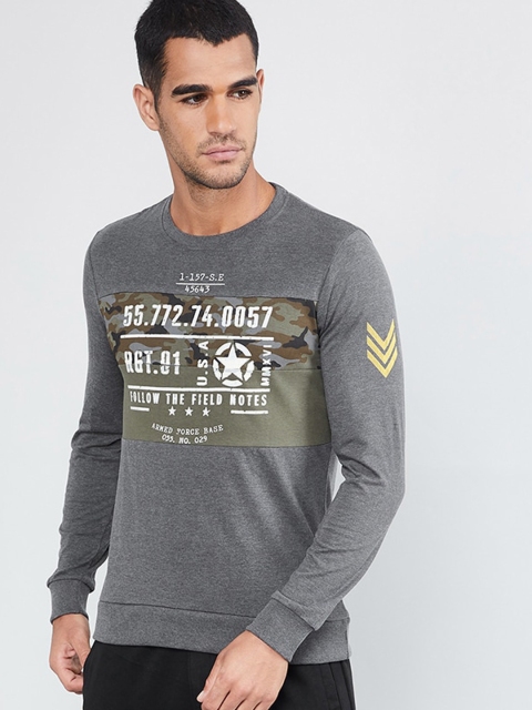 

max Men Charcoal Grey Printed Round Neck T-shirt