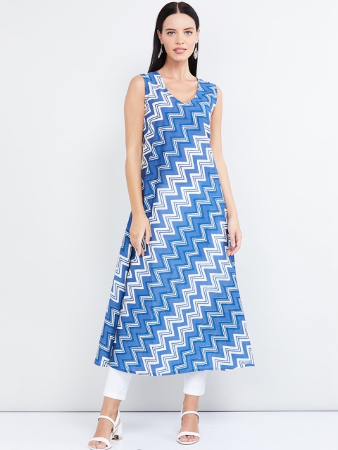 

max Women Blue & White Printed A-Line Kurta
