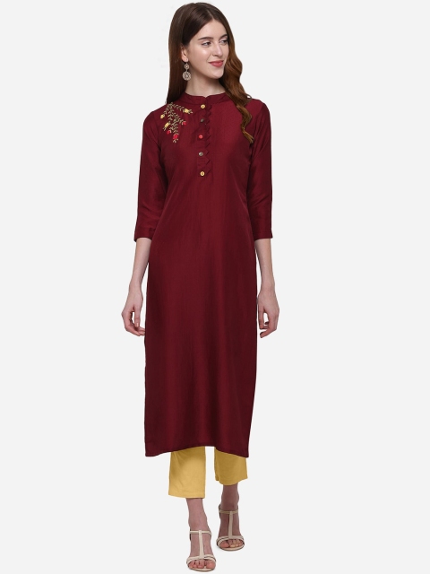 

Kvsfab Women Maroon & Yellow Embroidered A-Line Kurta