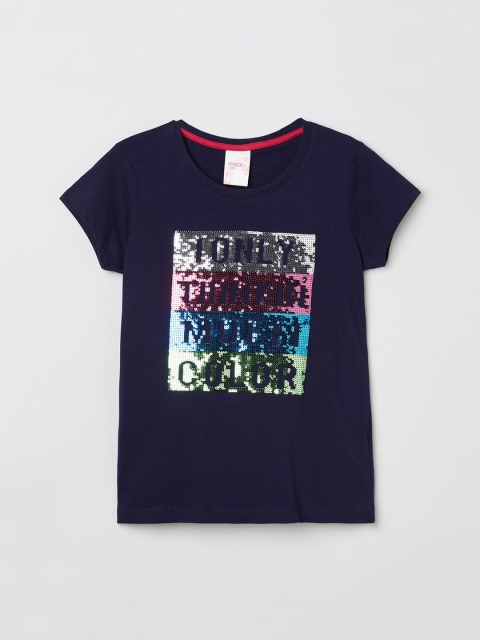 

max Girls Navy Blue Self Design Round Neck T-shirt