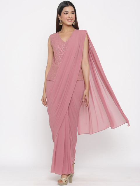 

Juniper Rose Pink & Gold Pure Georgette Embroidered Ready to Wear Saree