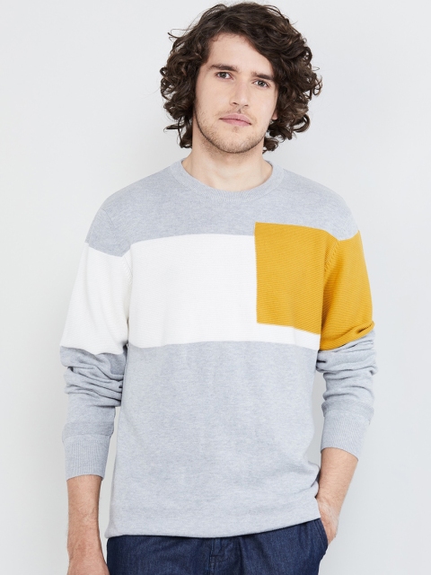 

max Men Grey Melange Colourblocked Round Neck T-shirt