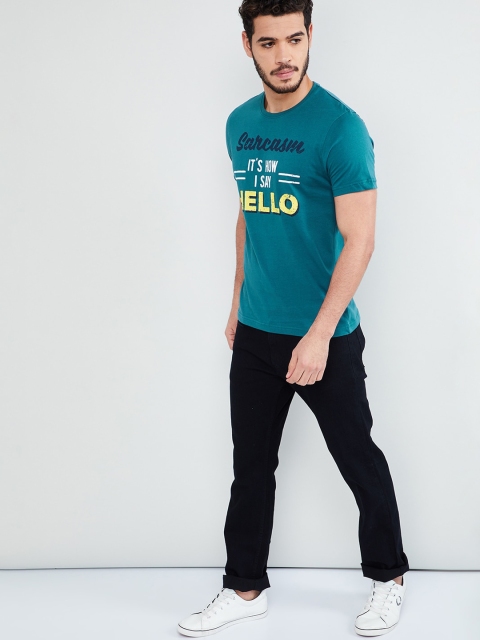 

max Men Teal Blue Printed Round Neck T-shirt