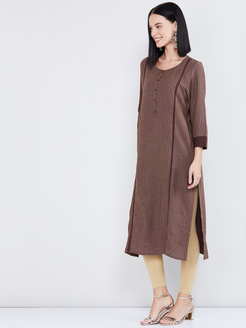 

max Women Brown Checked Straight Kurta