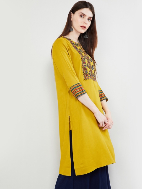 

max Women Mustard Yellow Yoke Design Straight Kurta