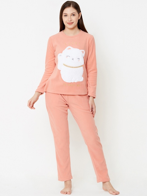 

Sweet Dreams Women Peach-Coloured & White Self Design Night suit