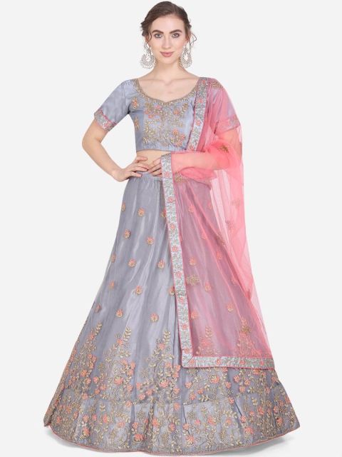 

Mitera Blue & Pink Embroidered Semi-Stitched Lehenga & Unstitched Blouse with Dupatta