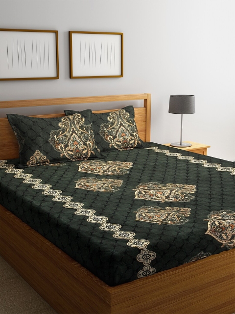 

NEUDIS Green & Beige Floral 180 TC Cotton 1 King Bedsheet with 2 Pillow Covers