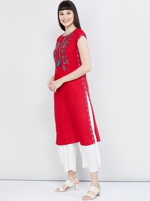 

max Women Red Embroidered Straight Kurta