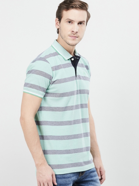 

max Men Green Striped Polo Collar T-shirt