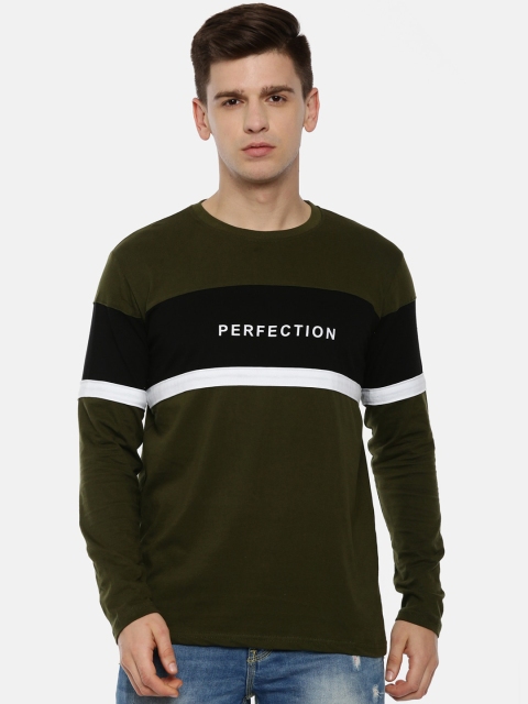 

KAY DEE Men Olive Green Colourblocked Round Neck Pure Cotton T-shirt