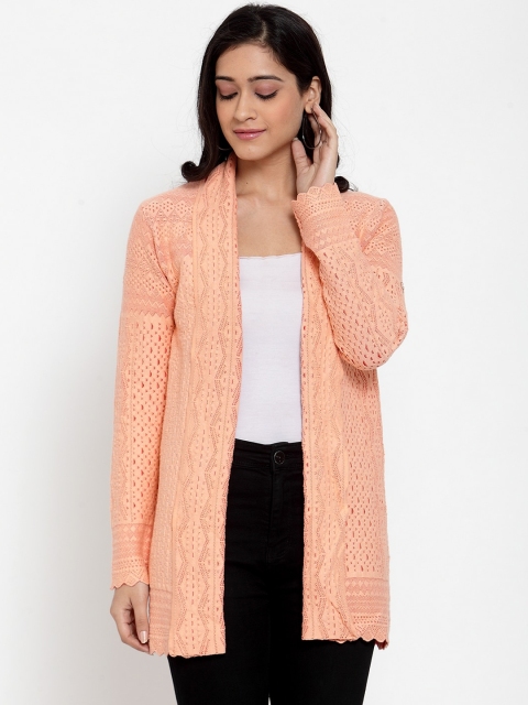 

Kalt Women Peach-Coloured Self Design Front-Open Sweater