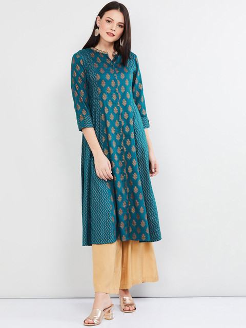 

max Women Green & Brown Printed A-Line Kurta