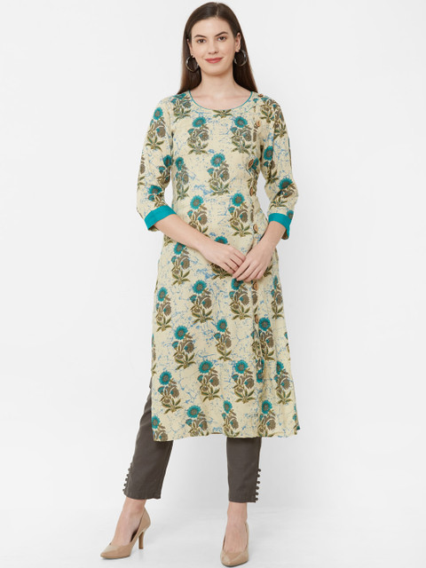 

Juliet Women Off-White & Teal Green Printed Straight Kurta