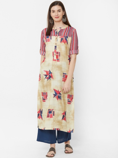 Juliet Women Beige & Pink Printed Straight Kurta