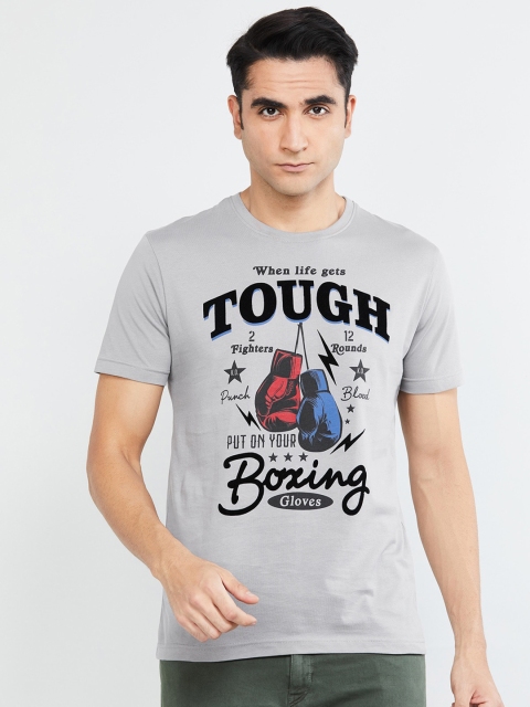 

max Men Grey Printed Round Neck T-shirt