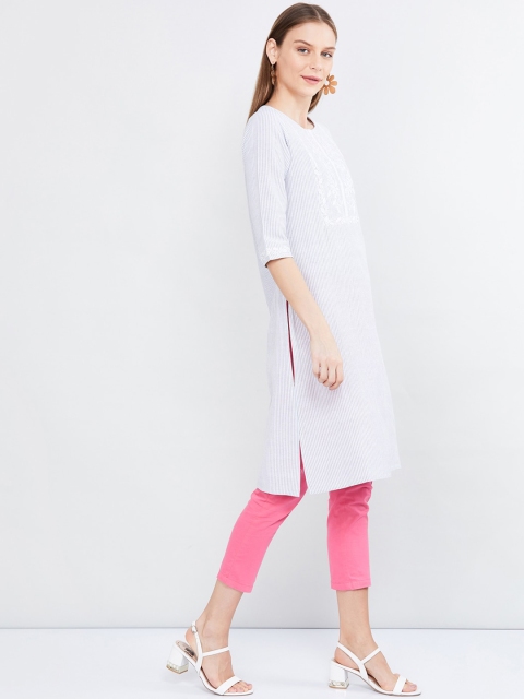 

max Women White Embroidered Straight Kurta