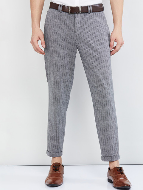 

max Men Grey Slim Fit Striped Regular Trousers