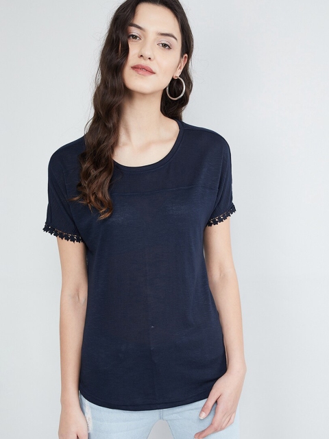 max Women Navy Blue Solid Top