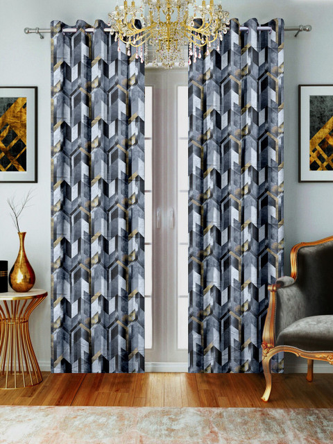 

SHIVANAA HOMES Grey & Off-White Single Room Darkening Curtain Curtain