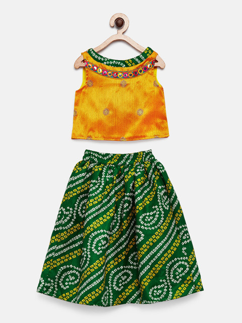

MANY FROCKS & Girls Mustard Yellow & Green Solid Top with Bandhej Skirt