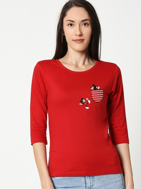 

Bewakoof Women Red Teasing Mickey Solid Round Neck T-shirt
