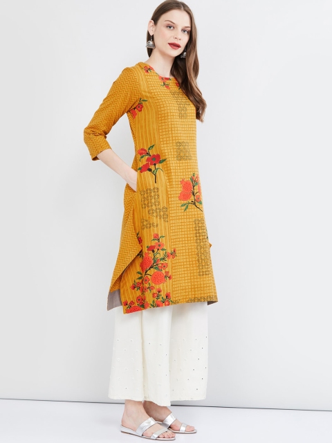 

max Women Mustard Yellow & Red Printed A-Line Kurta
