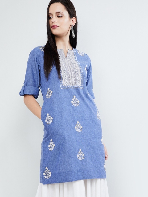 

max Women Blue & White Embroidered A-Line Kurti