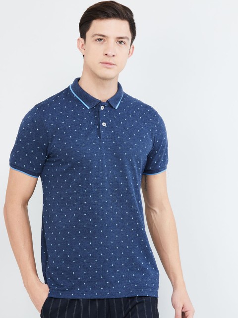 

max Men Blue Printed Polo Collar T-shirt