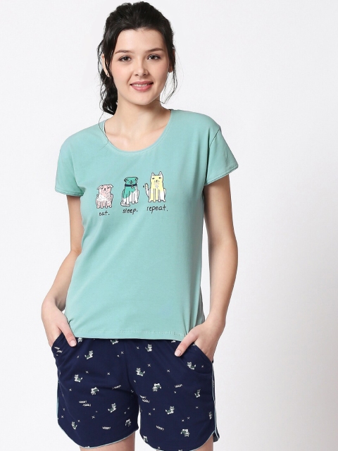 

I like me Women Sea Green & Navy Blue Printed Night suit