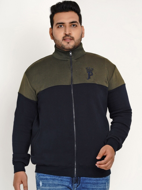

John Pride Men Navy Blue & Olive Green Colourblocked Plus Size Sweatshirt