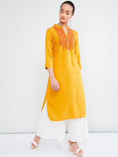 

max Women Mustard Yellow & Orange Embroidered Straight Kurta