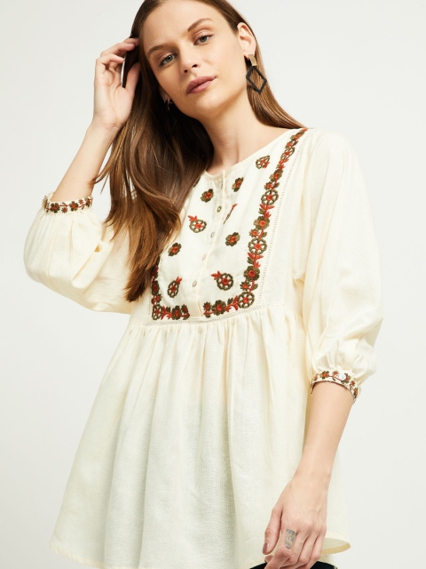 

max Women Cream-Coloured Embroidered A-Line Top