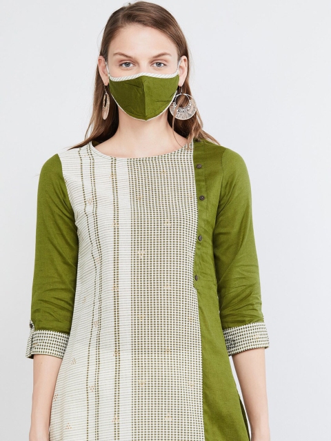 

max Women Olive Green Off-White Colourblocked Straight Kurta