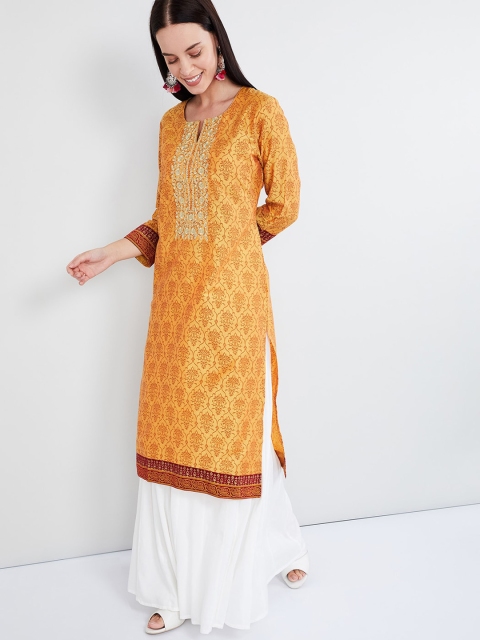

max Women Mustard Yellow & Brown Printed Straight Kurta