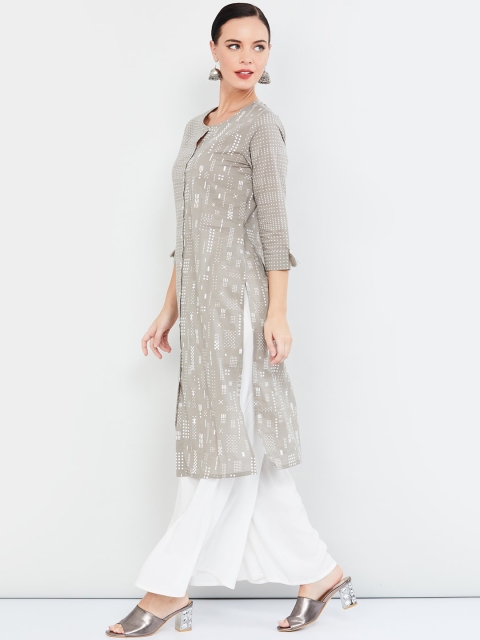 

max Women Grey & White Printed Straight Kurta