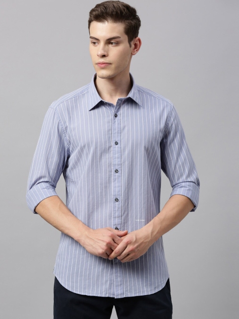

RARE RABBIT Men Blue & White Tailored Fit Striped Casual Shirt