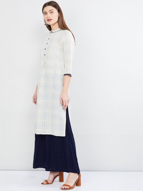 

max Women White & Blue Checked A-Line Kurta