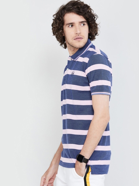 max Men Blue & Pink Striped Polo Collar T-shirt