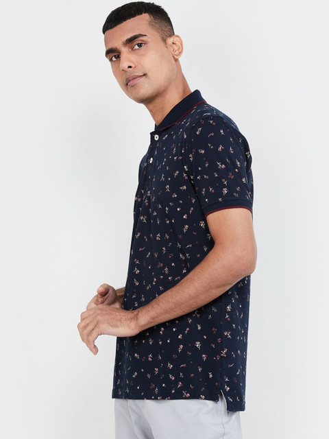

max Men Navy Blue Printed Polo Collar T-shirt