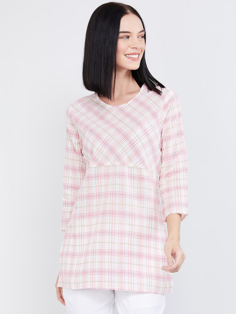 

max Women Pink Checked Pure Cotton A-Line Kurti