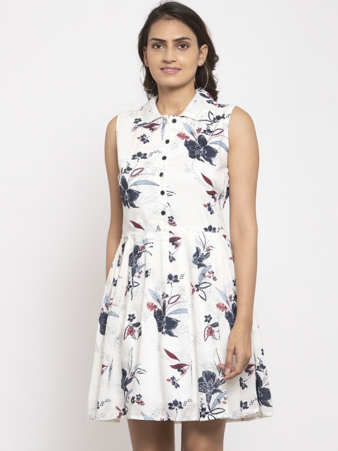 Magnetic Designs Women White & Blue Printed Fit and Flare Dress