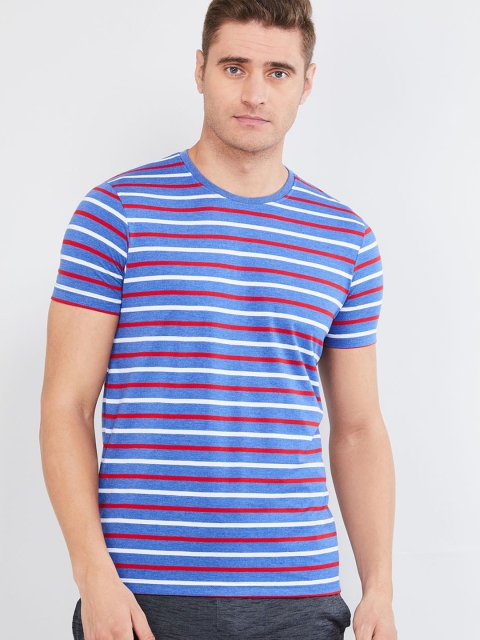 

max Men Blue Striped Round Neck T-shirt