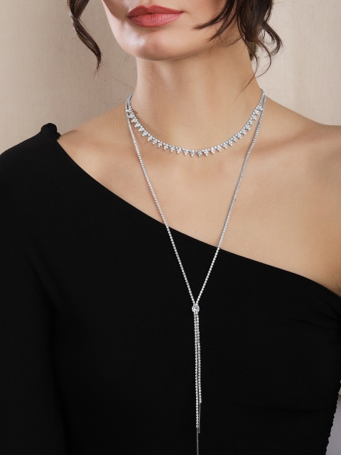 

Rubans Silver-Plated Handcrafted Rhinestone Layered Necklace