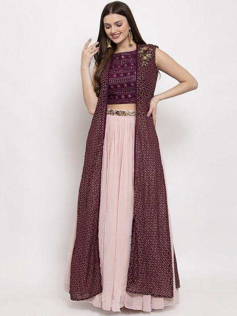 

KHALOM Women Pink & Maroon Printed Crop Top with Skirt & Longline Ethnic Jacket
