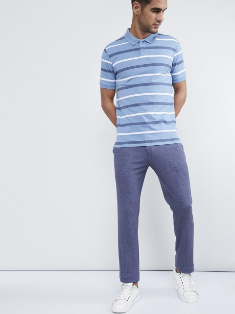 max Men Blue Striped Polo Collar T-shirt